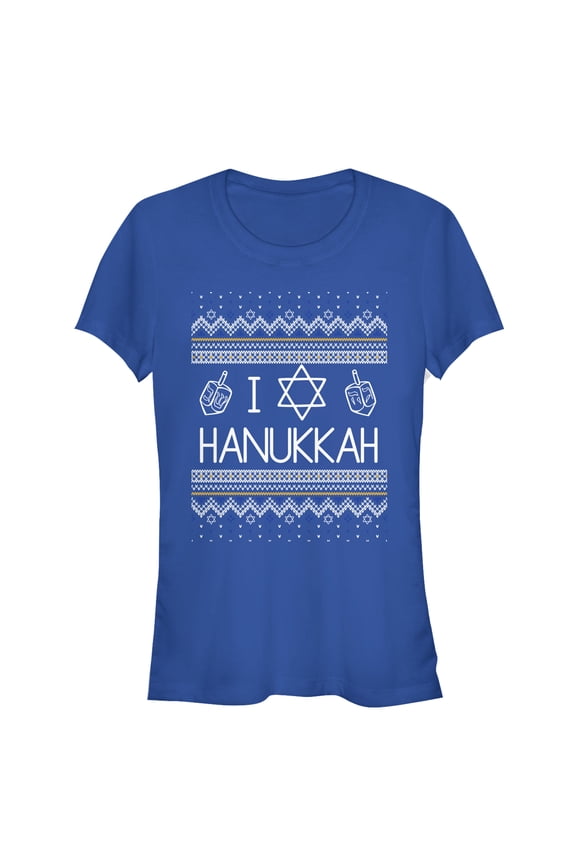 Junior's CHIN UP Hanukkah Ugly Sweater Graphic Tee Royal Blue Small