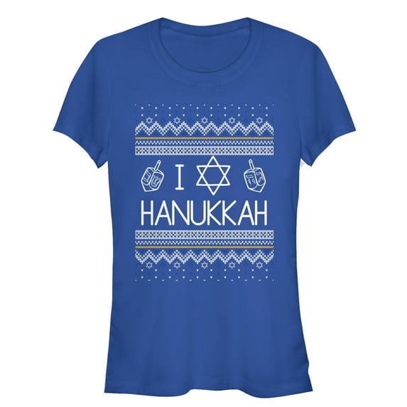 Junior's CHIN UP Hanukkah Ugly Sweater Graphic Tee Royal Blue Small