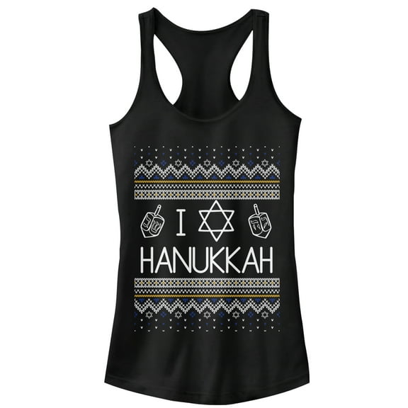 Junior's CHIN UP Hanukkah Ugly Sweater Racerback Tank Top Black Medium
