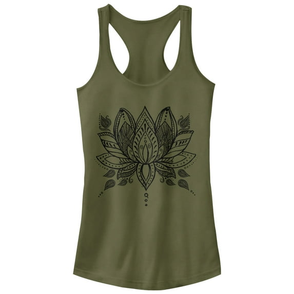 Junior's CHIN UP Henna Lotus Flower Racerback Tank Top Military Green 2X Large