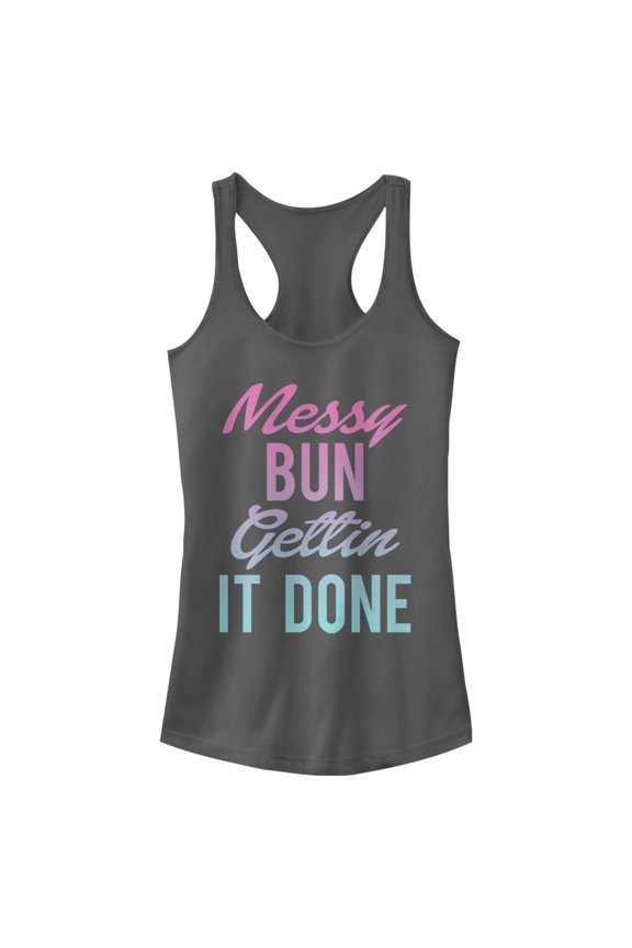 Junior's CHIN UP Messy Bun Done Rainbow  Racerback Tank Top Charcoal Medium