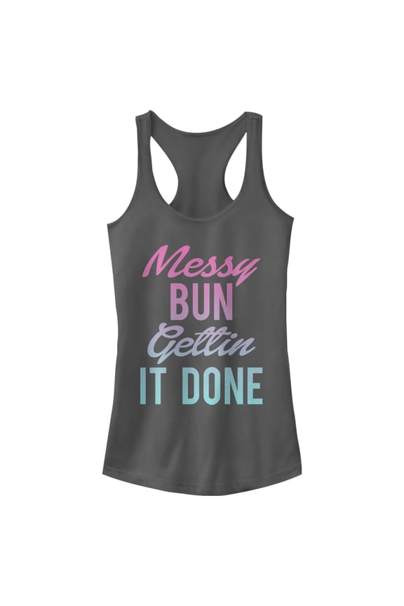 Junior's CHIN UP Messy Bun Done Rainbow Racerback Tank Top Charcoal Small
