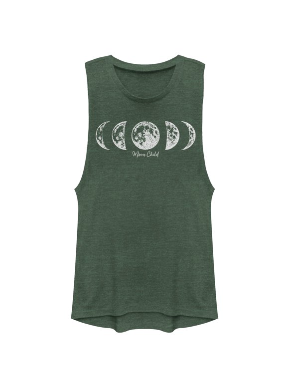 Junior's CHIN UP Moon Child Phases Festival Muscle Graphic Tee Pine Green Heather X Small
