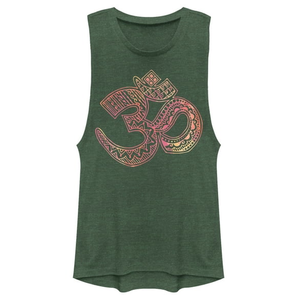 Junior's CHIN UP Om Watercolor Print  Festival Muscle Graphic Tee Pine Green Heather Small