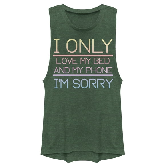 Junior's CHIN UP Sorry I Love My Bed and Phone Festival Muscle Graphic Tee Pine Green Heather Small