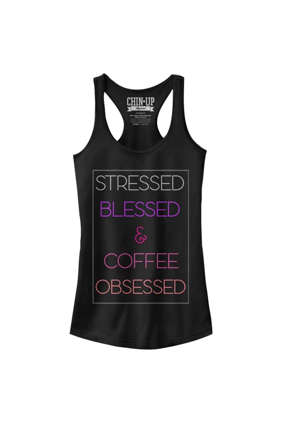 Junior's CHIN UP Stressed Blessed Coffee Obsessed  Racerback Tank Top Black Medium