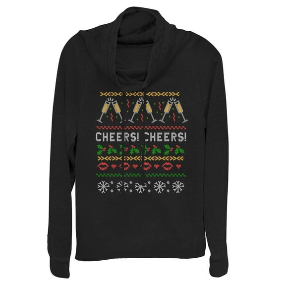 Junior's CHIN UP Ugly Christmas Cheers Cowl Neck Sweatshirt Black X Large