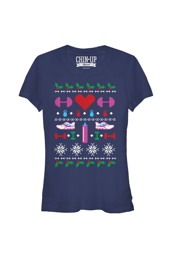 Junior's CHIN UP Ugly Christmas Workout Graphic Tee Navy Blue Small