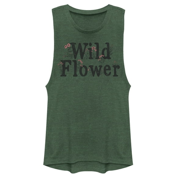 Junior's CHIN UP Wild Flower Festival Muscle Graphic Tee Pine Green Heather Large