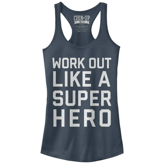 Junior's CHIN UP Work Out Like a Super Hero Racerback Tank Top Indigo Large