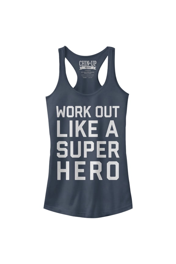 Junior's CHIN UP Work Out Like a Super Hero Racerback Tank Top Indigo X Large