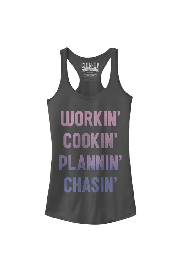 Junior's CHIN UP Working Cooking Planning Chasing Racerback Tank Top Charcoal X Large