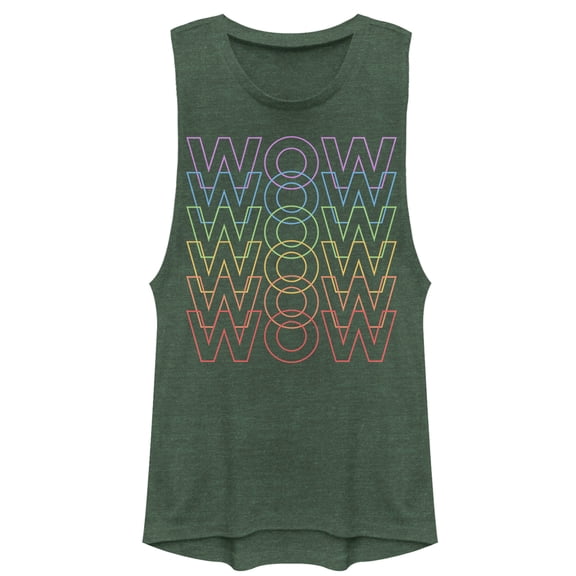 Junior's CHIN UP Wow Rainbow Text Festival Muscle Graphic Tee Pine Green Heather 2X Large