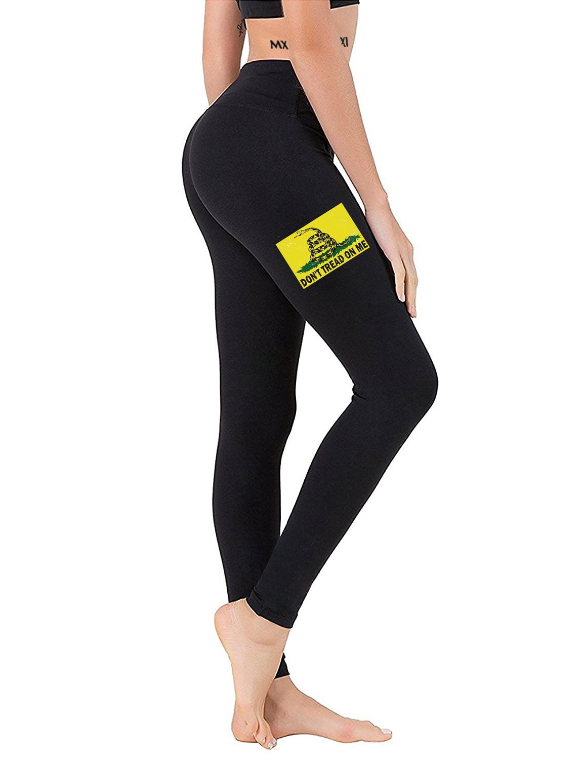 Junior's Chest Don't Tread On Me Black Athletic Workout Leggings Thights  One Size + (XL-3XL)