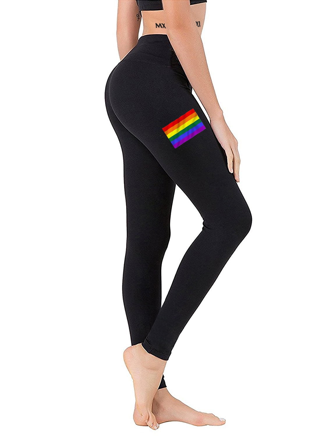 Junior's Chest Rainbow Flag Black Athletic Workout Leggings Thights One  Size (S-L) 