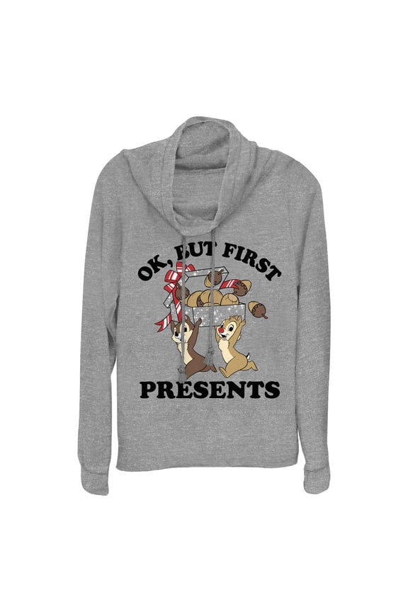 Junior's Chip 'n Dale But First Christmas Presents Cowl Neck Sweatshirt