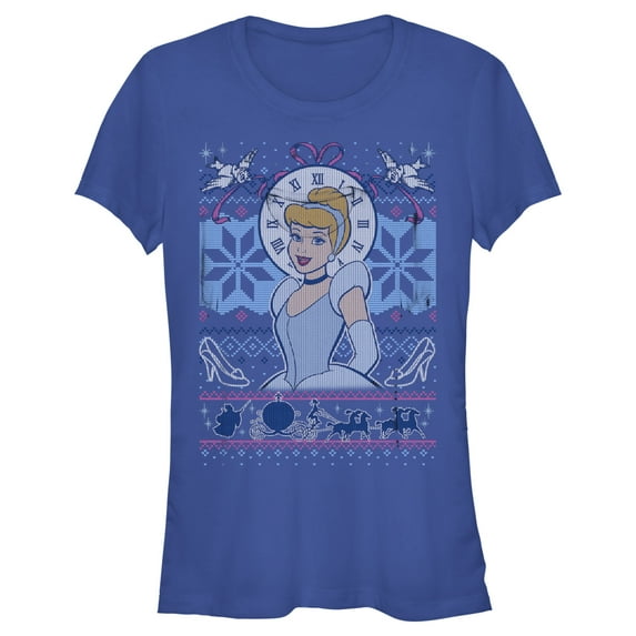 Junior's Cinderella Cinderella Christmas Sweater Graphic Tee Royal Blue Large