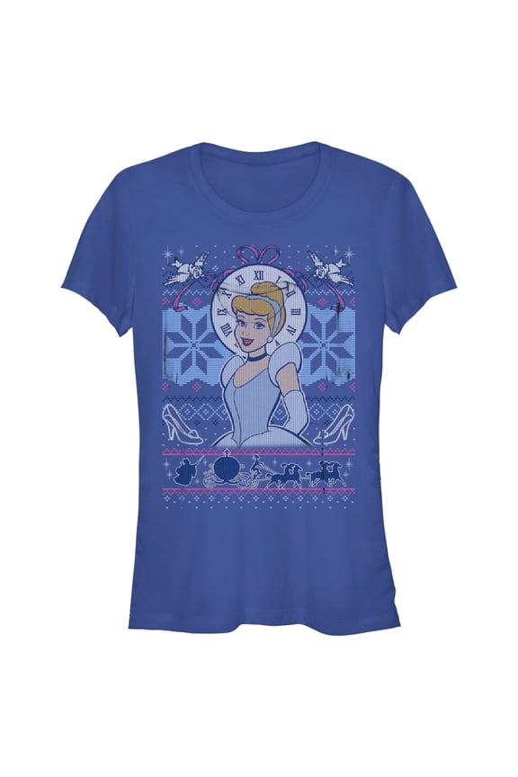 Junior's Cinderella Cinderella Christmas Sweater  Graphic Tee Royal Blue Small