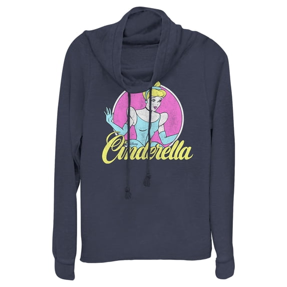 Junior's Cinderella Distressed Logo Cowl Neck Sweatshirt Navy Blue Medium