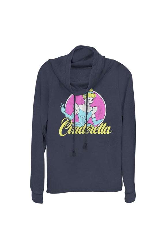 Junior's Cinderella Distressed Logo Cowl Neck Sweatshirt Navy Blue X Small