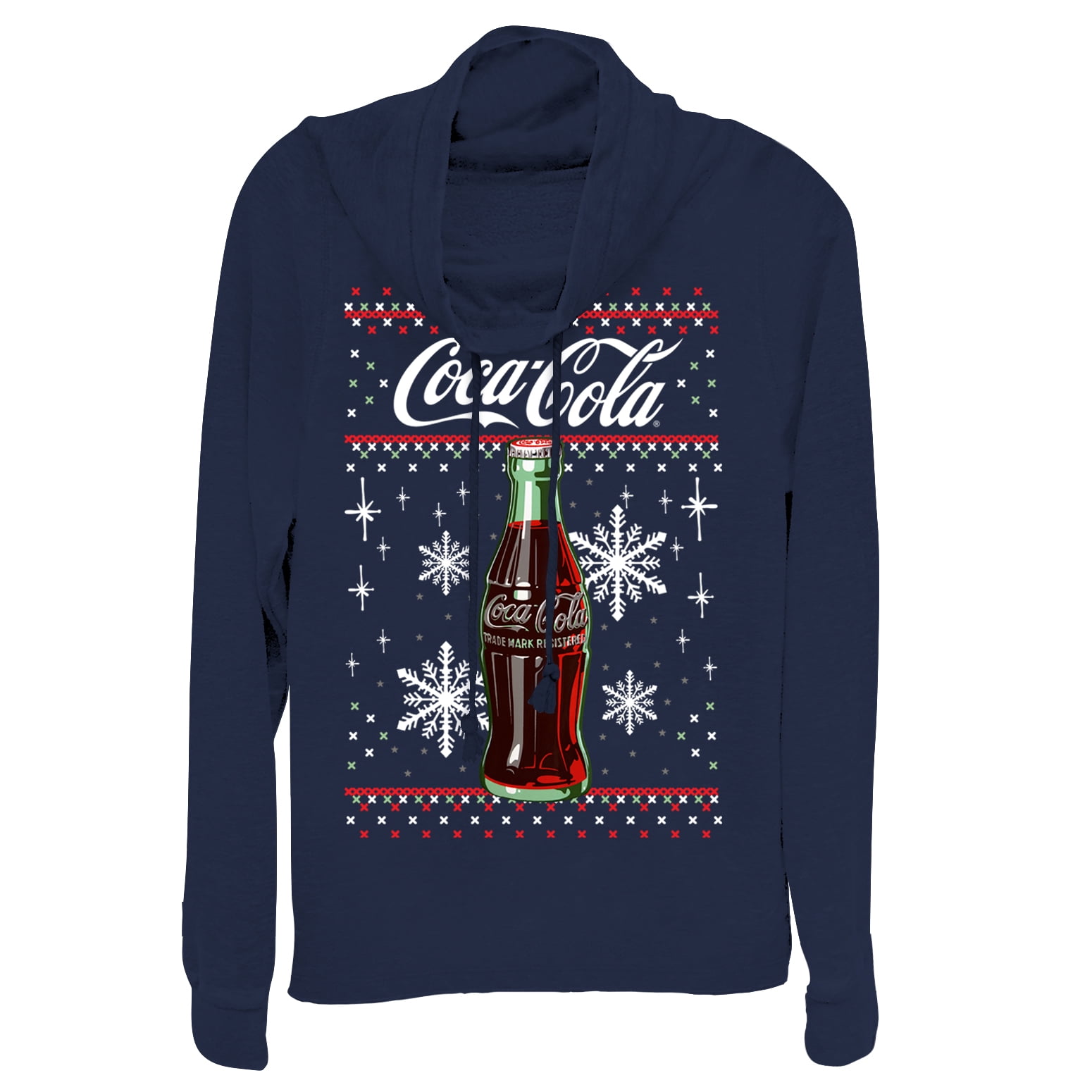 Junior s Coca Cola Christmas Bottle Snowflake Cowl Neck Sweatshirt