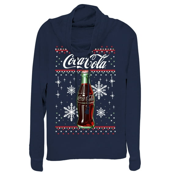 Junior's Coca Cola Christmas Bottle Snowflake Cowl Neck Sweatshirt Navy Blue Medium