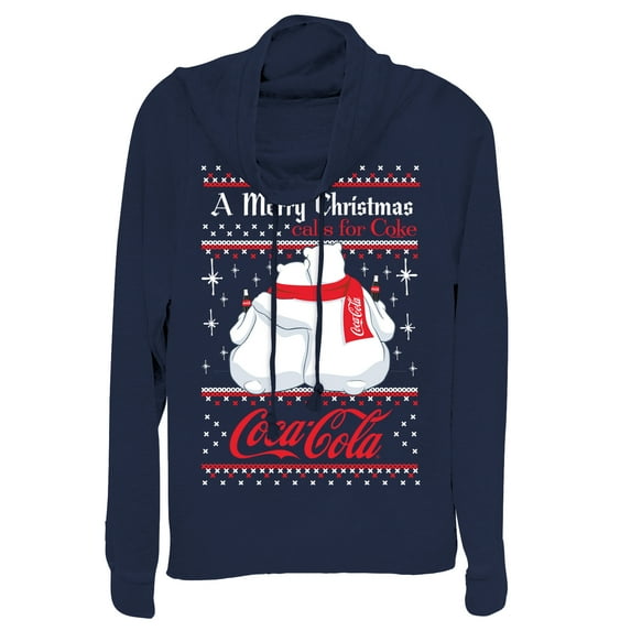 Junior's Coca Cola Merry Christmas Polar Bear Cowl Neck Sweatshirt Navy Blue X Large