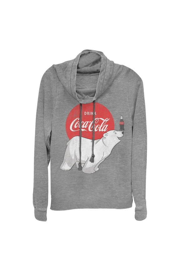Junior's Coca Cola Polar Bear Cowl Neck Sweatshirt Gray Heather Small
