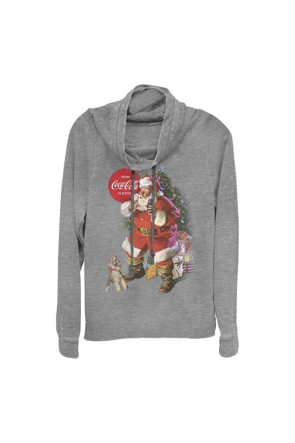 Junior's Coca Cola Retro Santa Puppy Cowl Neck Sweatshirt