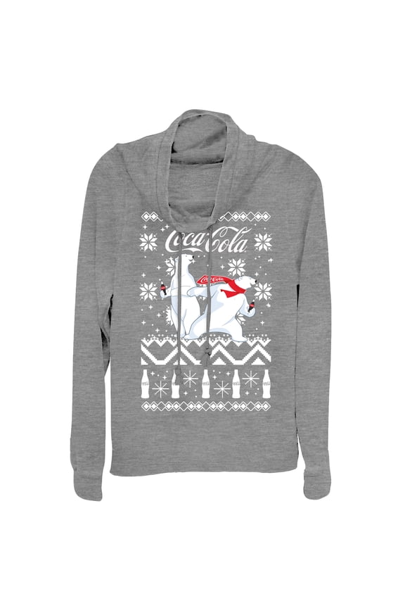 Junior's Coca Cola Ugly Christmas Bear Cowl Neck Sweatshirt Gray Heather 2X Large
