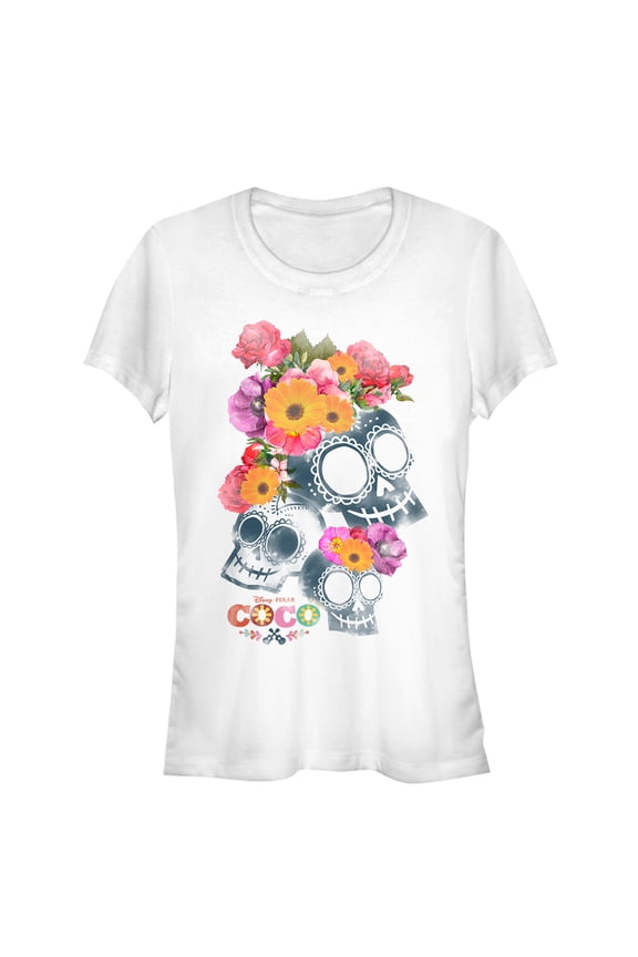 Junior's Coco Floral Skeletons Graphic Tee White Large