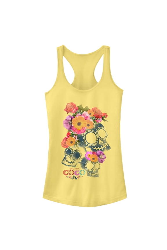 Junior's Coco Floral Skeletons  Racerback Tank Top Banana Medium