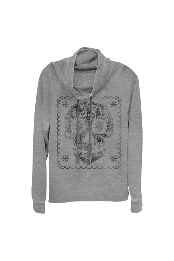 Junior's Coco Sugar Skull Stamp Cowl Neck Sweatshirt Gray Heather Medium