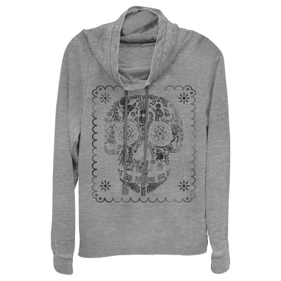 Junior's Coco Sugar Skull Stamp Cowl Neck Sweatshirt Gray Heather Small