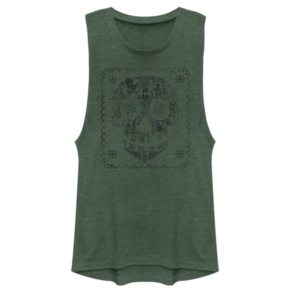 Junior's Coco Sugar Skull Stamp Festival Muscle Graphic Tee Pine Green Heather X Large