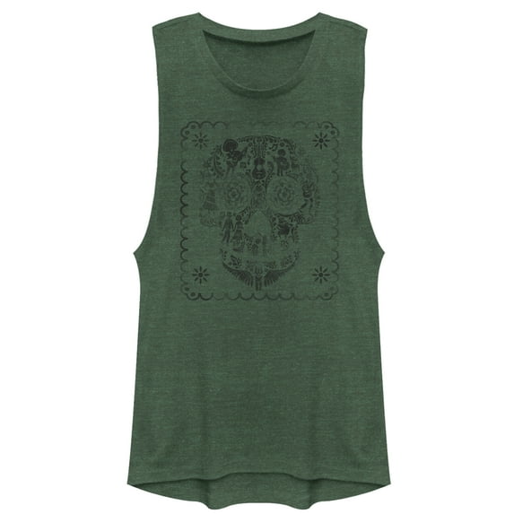 Junior's Coco Sugar Skull Stamp Festival Muscle Graphic Tee Pine Green Heather X Large