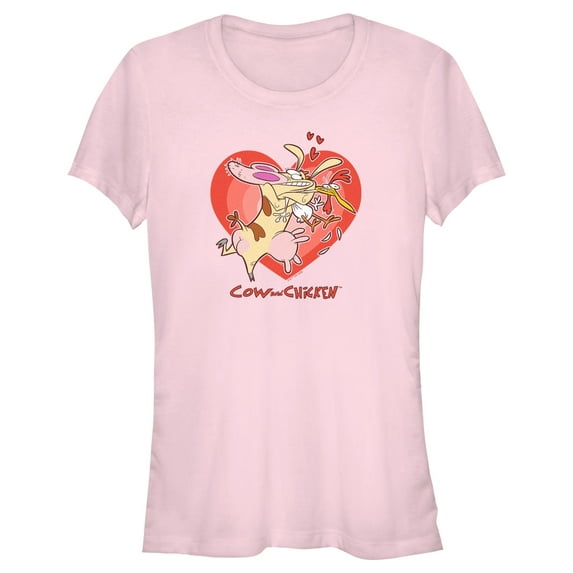 Junior's Cow and Chicken Valentine's Day Heart Hug Graphic Tee Light Pink Medium