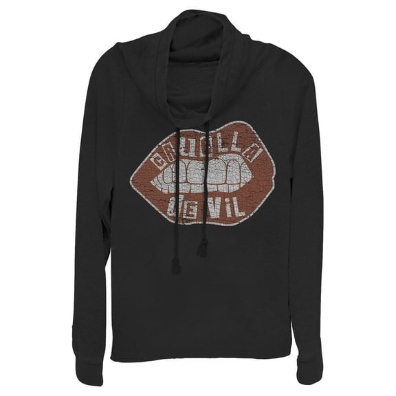 Junior's Cruella Distressed Red Lips Logo  Cowl Neck Sweatshirt Black Small