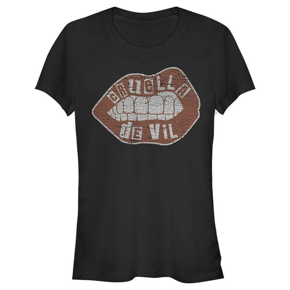 Junior's Cruella Distressed Red Lips Logo Graphic Tee Black Large