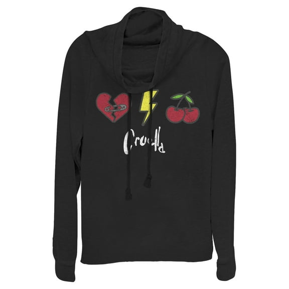 Junior's Cruella Patches Logo  Cowl Neck Sweatshirt Black 2X Large