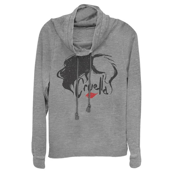 Junior's Cruella Red Lips Logo Cowl Neck Sweatshirt Gray Heather Large