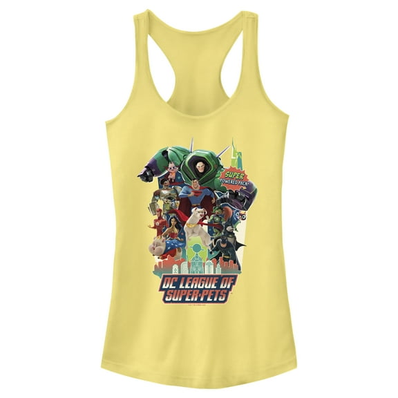 Junior's DC League of Super-Pets Character Collage Super Pack  Racerback Tank Top Banana X Large