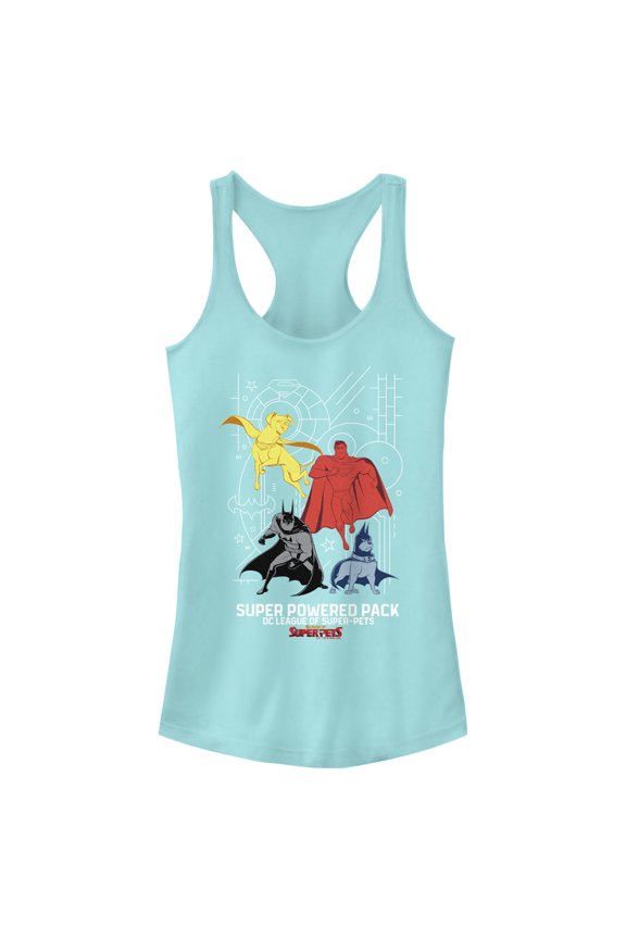 Junior's DC League of Super-Pets Chromatic Super Power Pack Racerback Tank Top Cancun Large