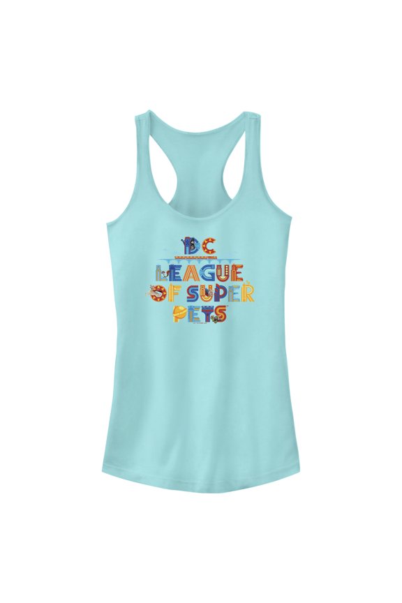 Junior's DC League of Super-Pets Colorful Logo  Racerback Tank Top Cancun Medium