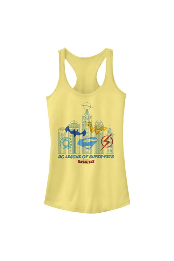 Junior's DC League of Super-Pets Metropolis Skyline Outline  Racerback Tank Top Banana X Large