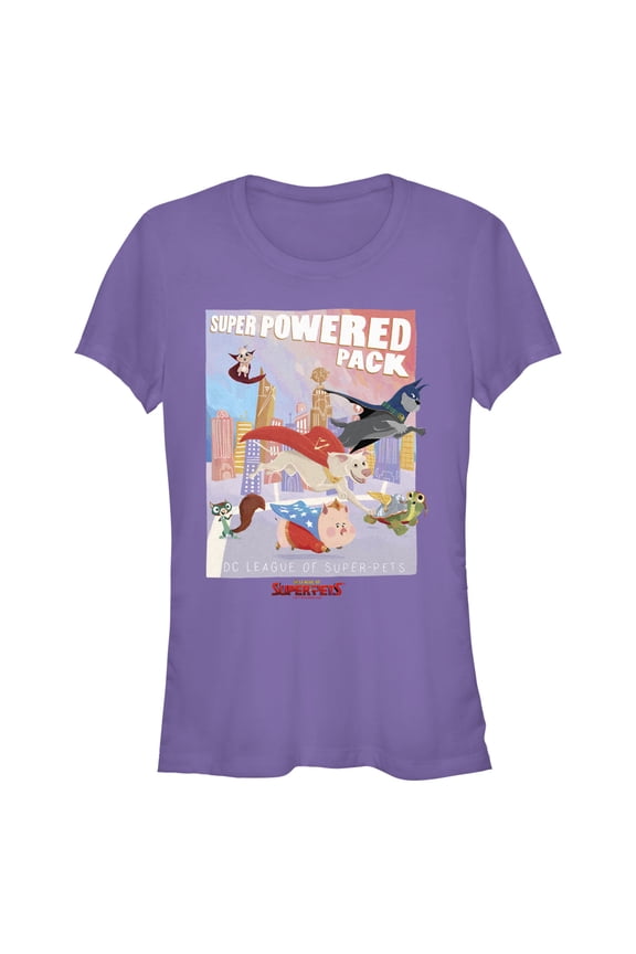 Junior's DC League of Super-Pets Powered Pack Poster Graphic Tee Purple Large