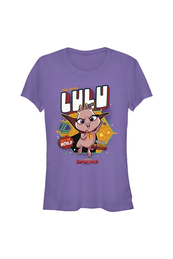 Junior's DC League of Super-Pets Rule the World Lulu Badge Graphic Tee Purple Medium