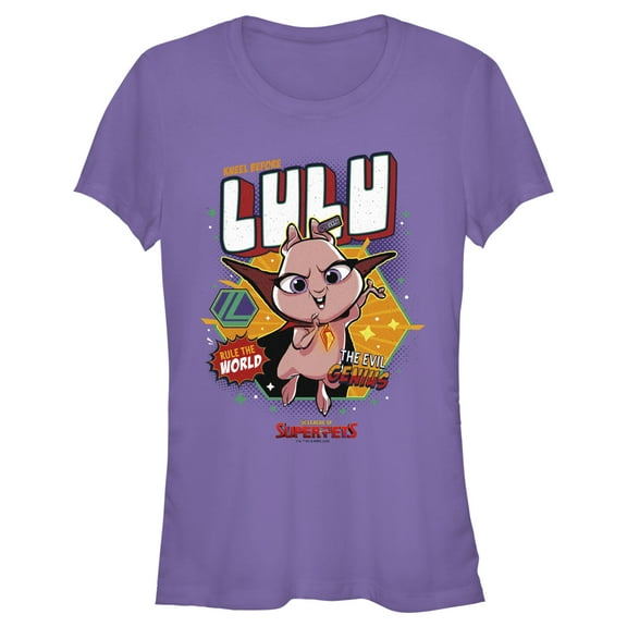 Junior's DC League of Super-Pets Rule the World Lulu Badge  Graphic Tee Purple X Large