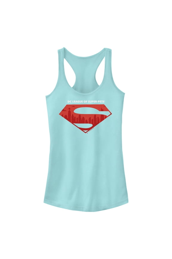 Junior's DC League of Super-Pets Skyline Superman Crest Racerback Tank Top Cancun Small