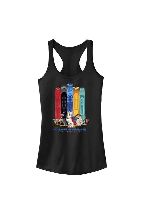 Junior's DC League of Super-Pets Super Powered Pack Towers Racerback Tank Top Black Small
